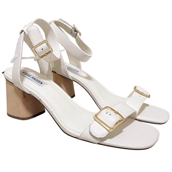 Steve Madden Women Mindi Ankle Strap Block Heel Sandal Size US 10M White Leather - Picture 1 of 7